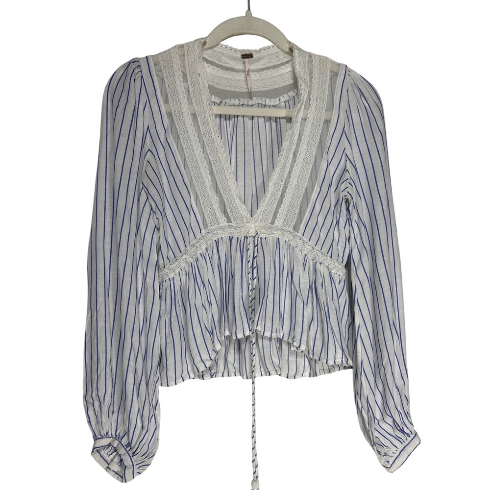 Free People Blue White Striped Lace Trim Peplum Blouse Tassel Tie Small